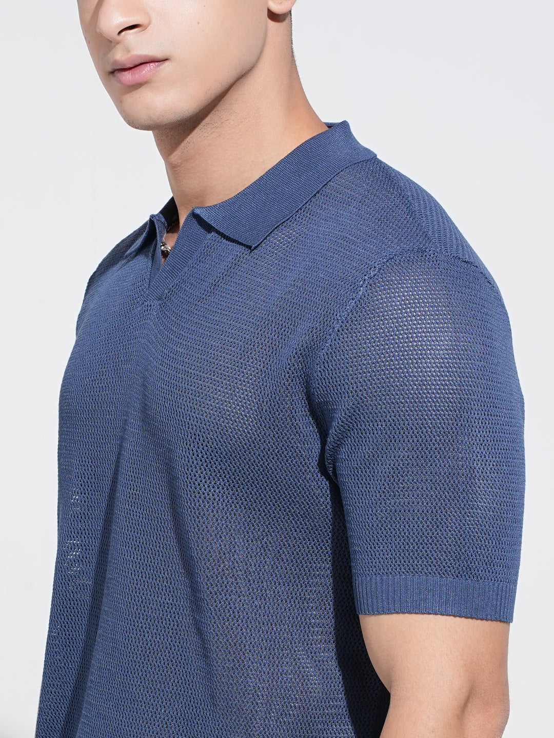 Men's Blue Sheer Short Sleeves Polo Collar Regular Fit Mesh T-Shirt
