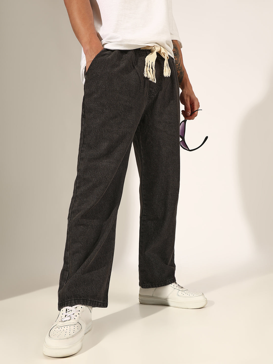 Men's Grey Washed Denim Jeans with Fringed Drawstring