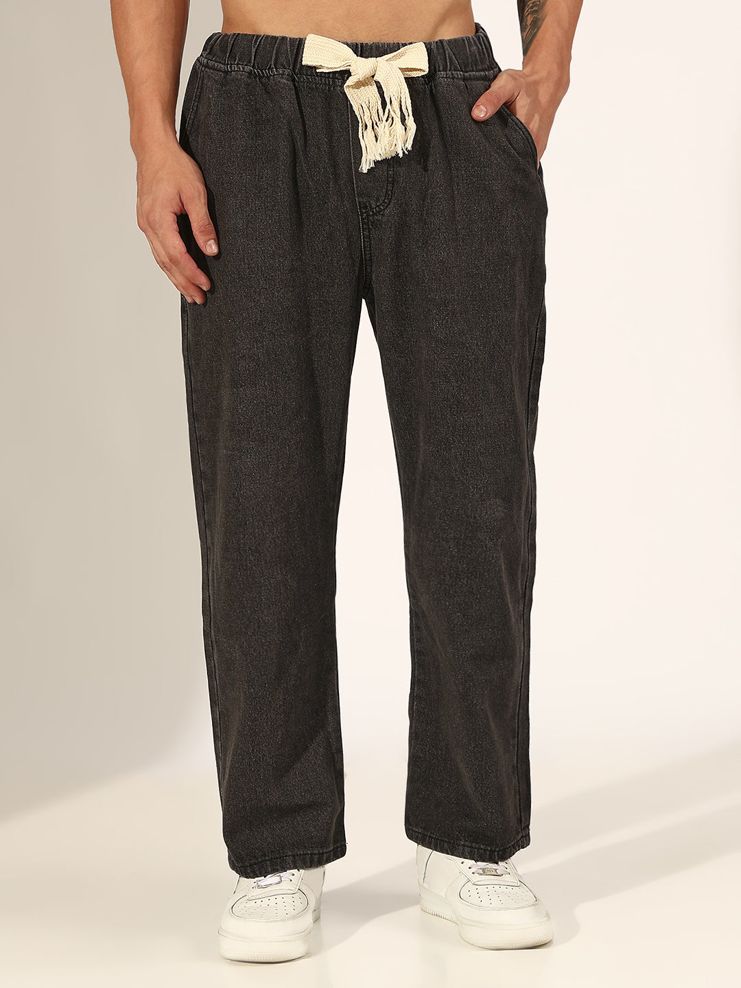 Men's Grey Washed Denim Jeans with Fringed Drawstring