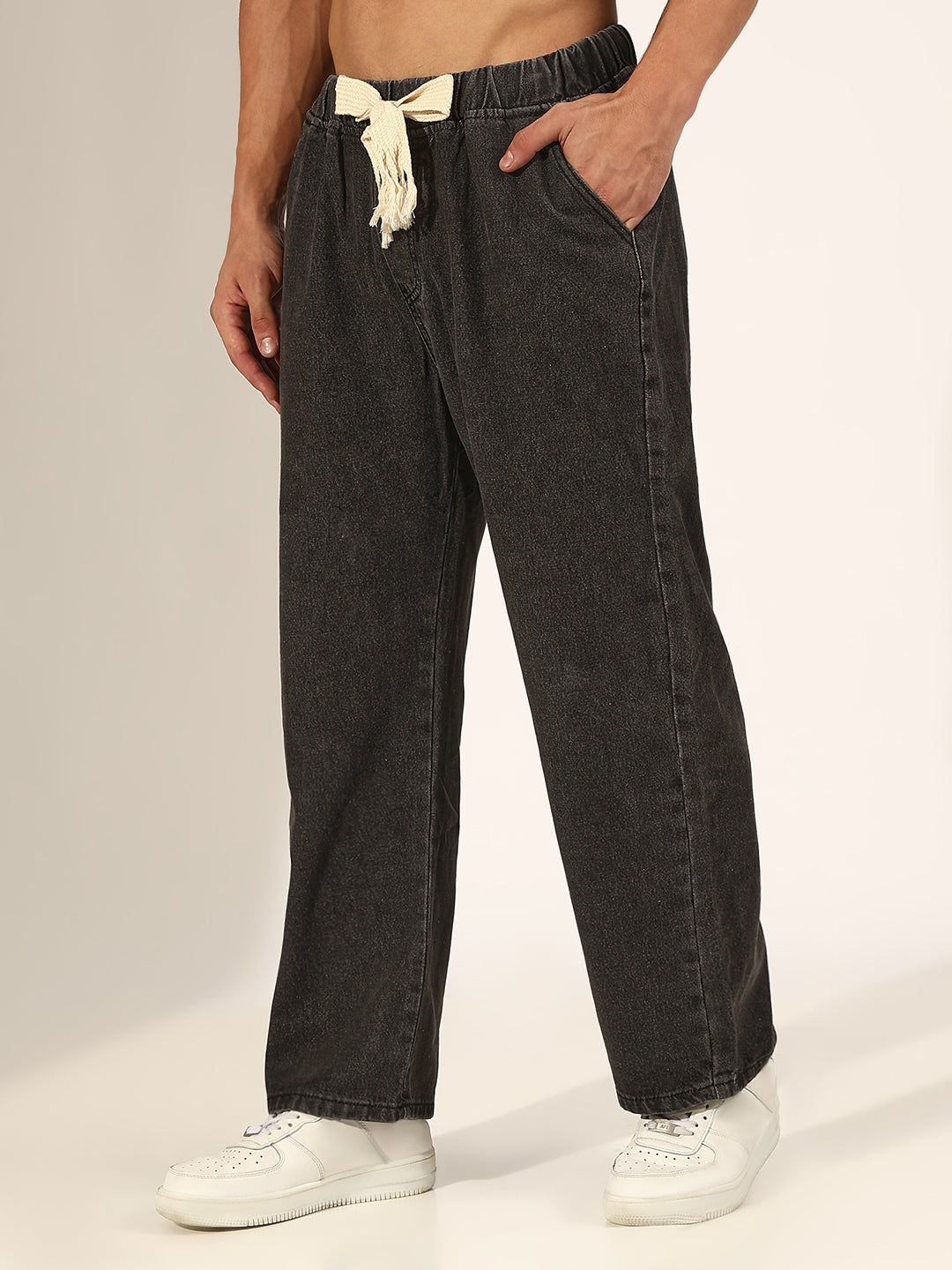 Men's Grey Washed Denim Jeans with Fringed Drawstring