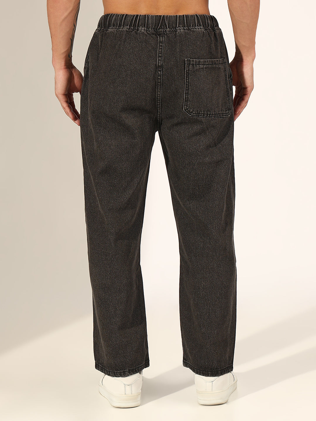 Men's Grey Washed Denim Jeans with Fringed Drawstring