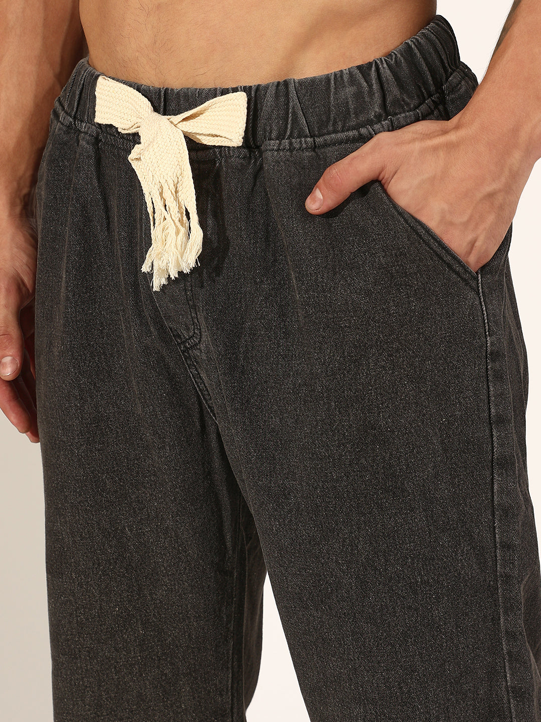 Men's Grey Washed Denim Jeans with Fringed Drawstring