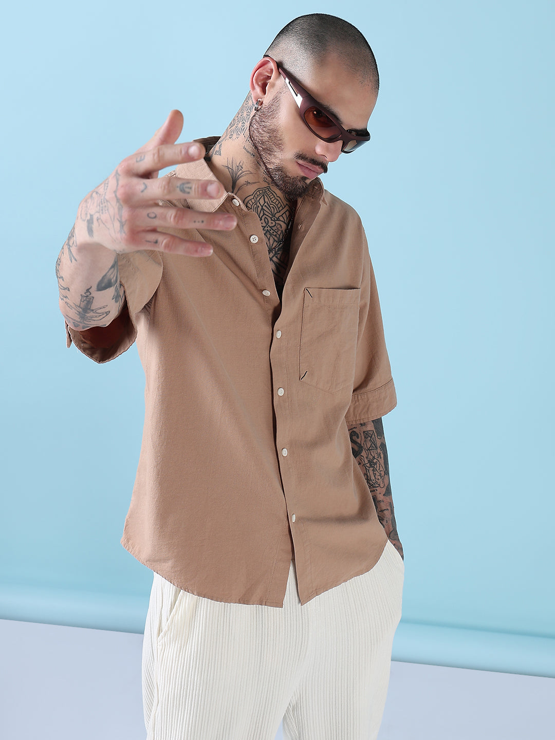 Men's Beige Typography Relaxed Fit Shirt