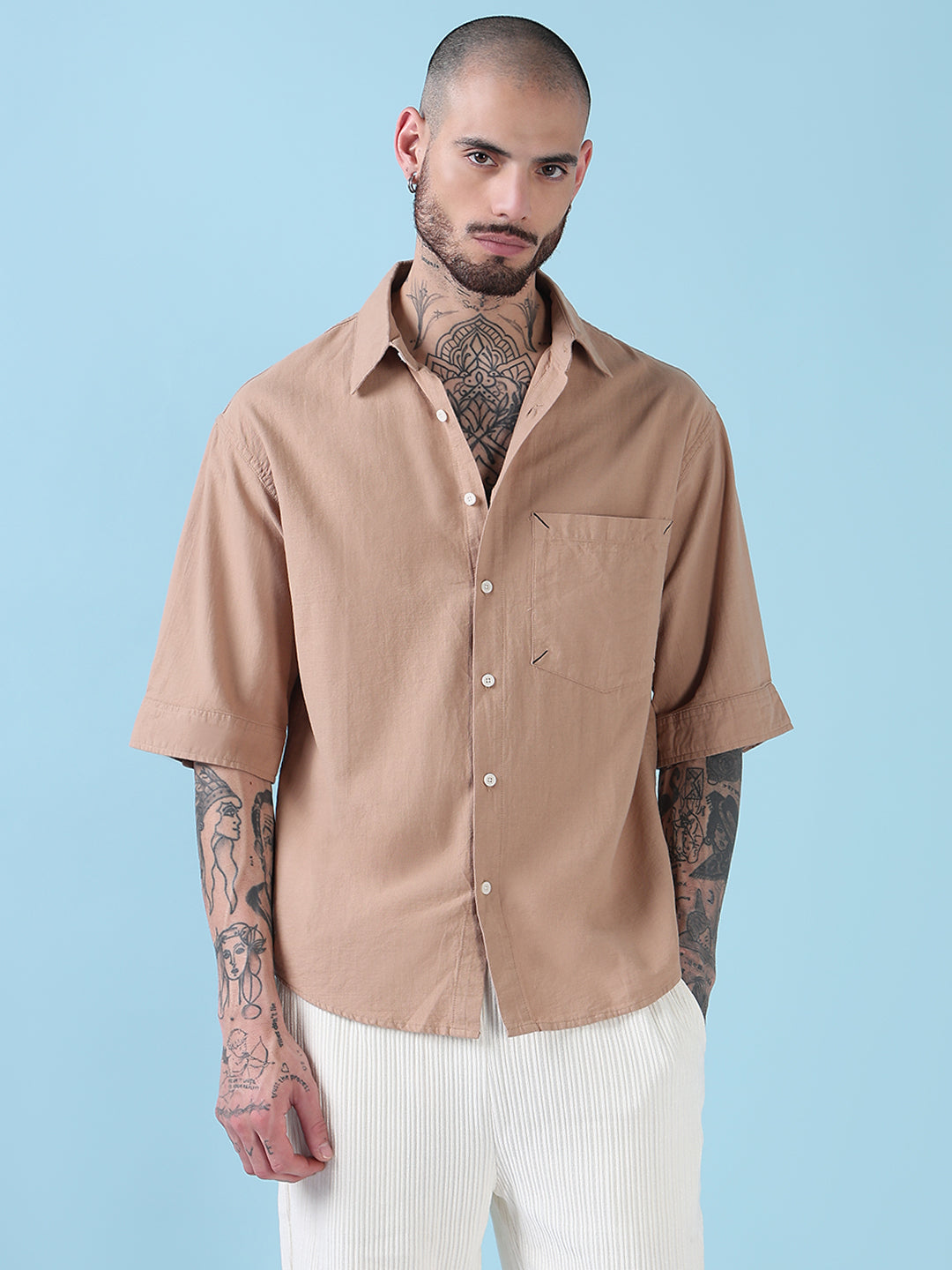 Men's Beige Typography Relaxed Fit Shirt