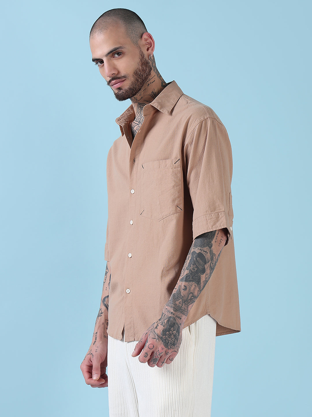 Men's Beige Typography Relaxed Fit Shirt