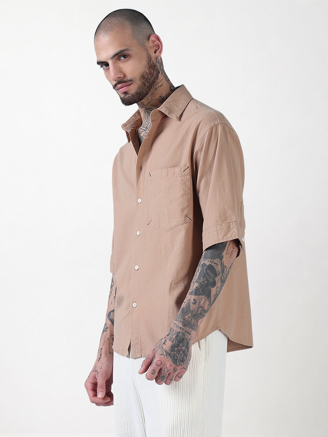 Men's Beige Typography Relaxed Fit Shirt