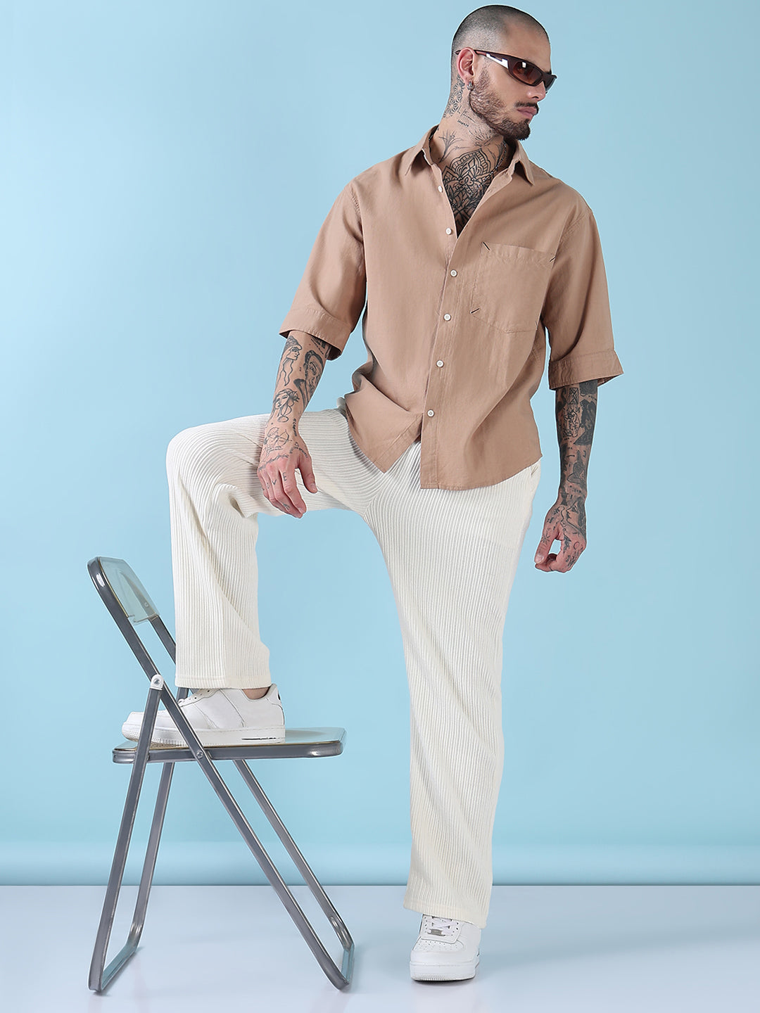 Men's Beige Typography Relaxed Fit Shirt