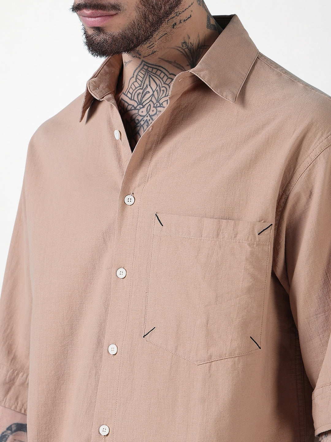 Men's Beige Typography Relaxed Fit Shirt