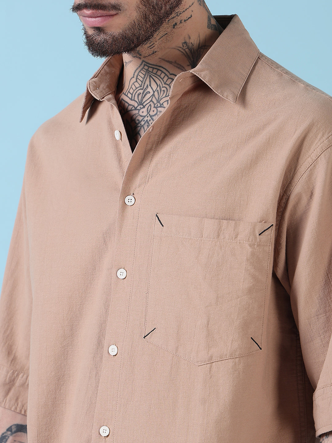 Men's Beige Typography Relaxed Fit Shirt