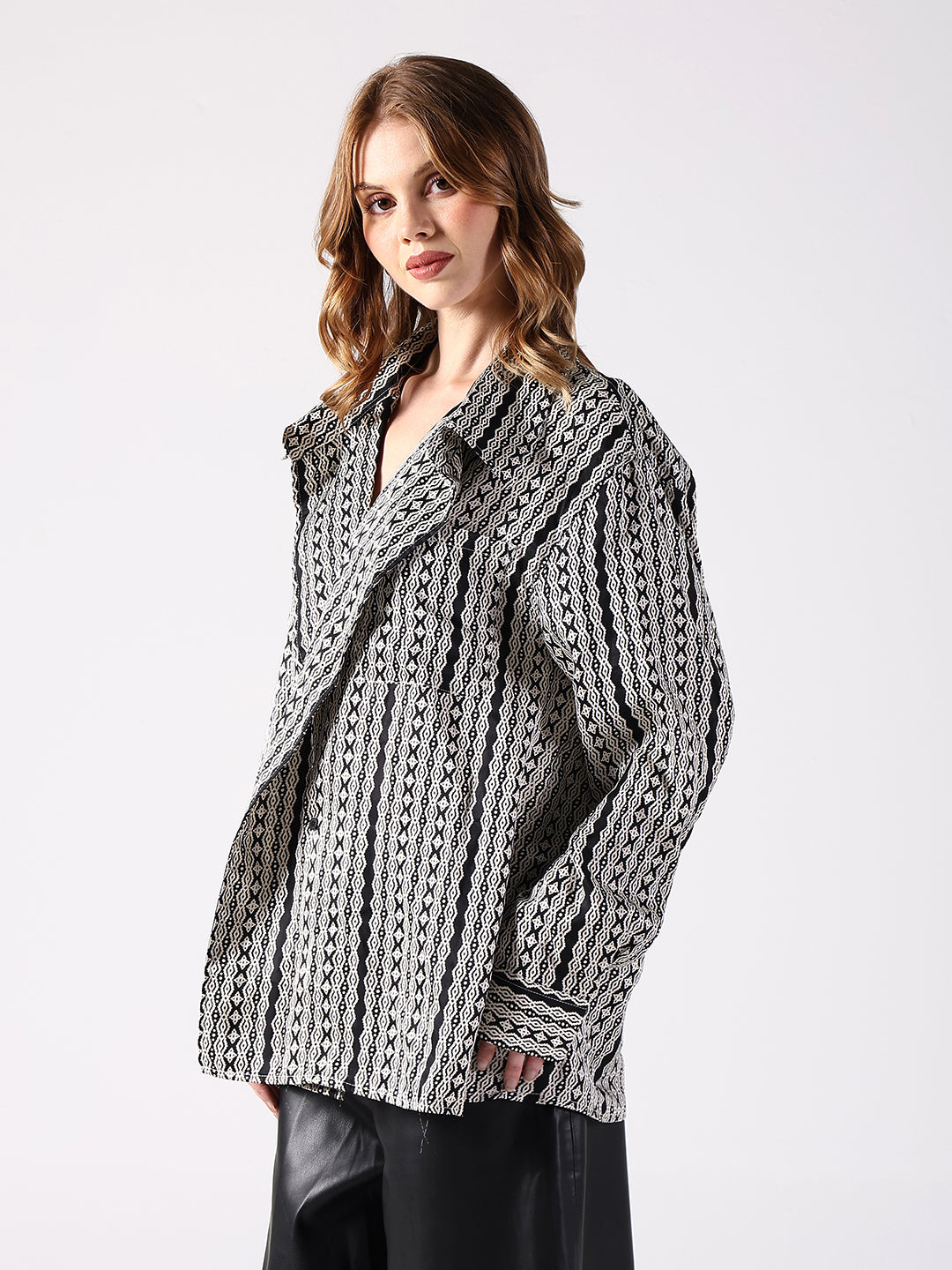 Women's Geometric Black Relaxed Fit Long Sleeve Shirt