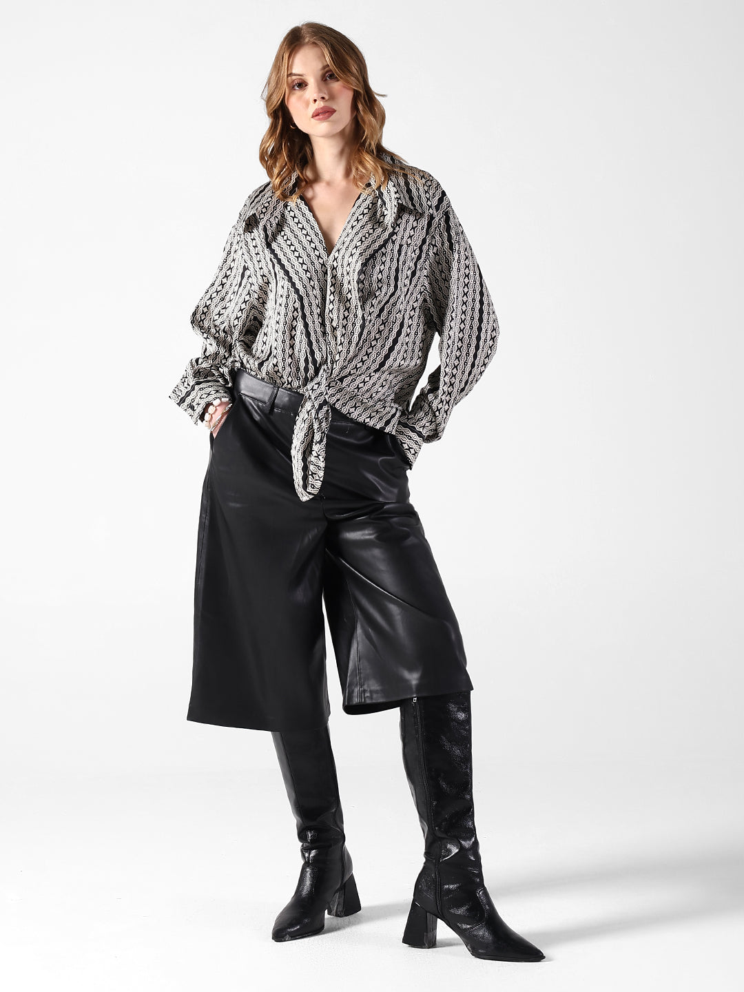 Women's Geometric Black Relaxed Fit Long Sleeve Shirt