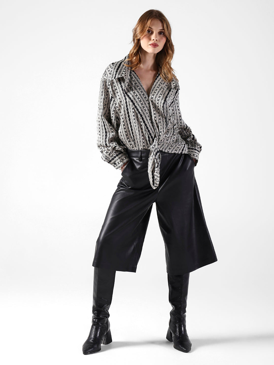 Women's Geometric Black Relaxed Fit Long Sleeve Shirt