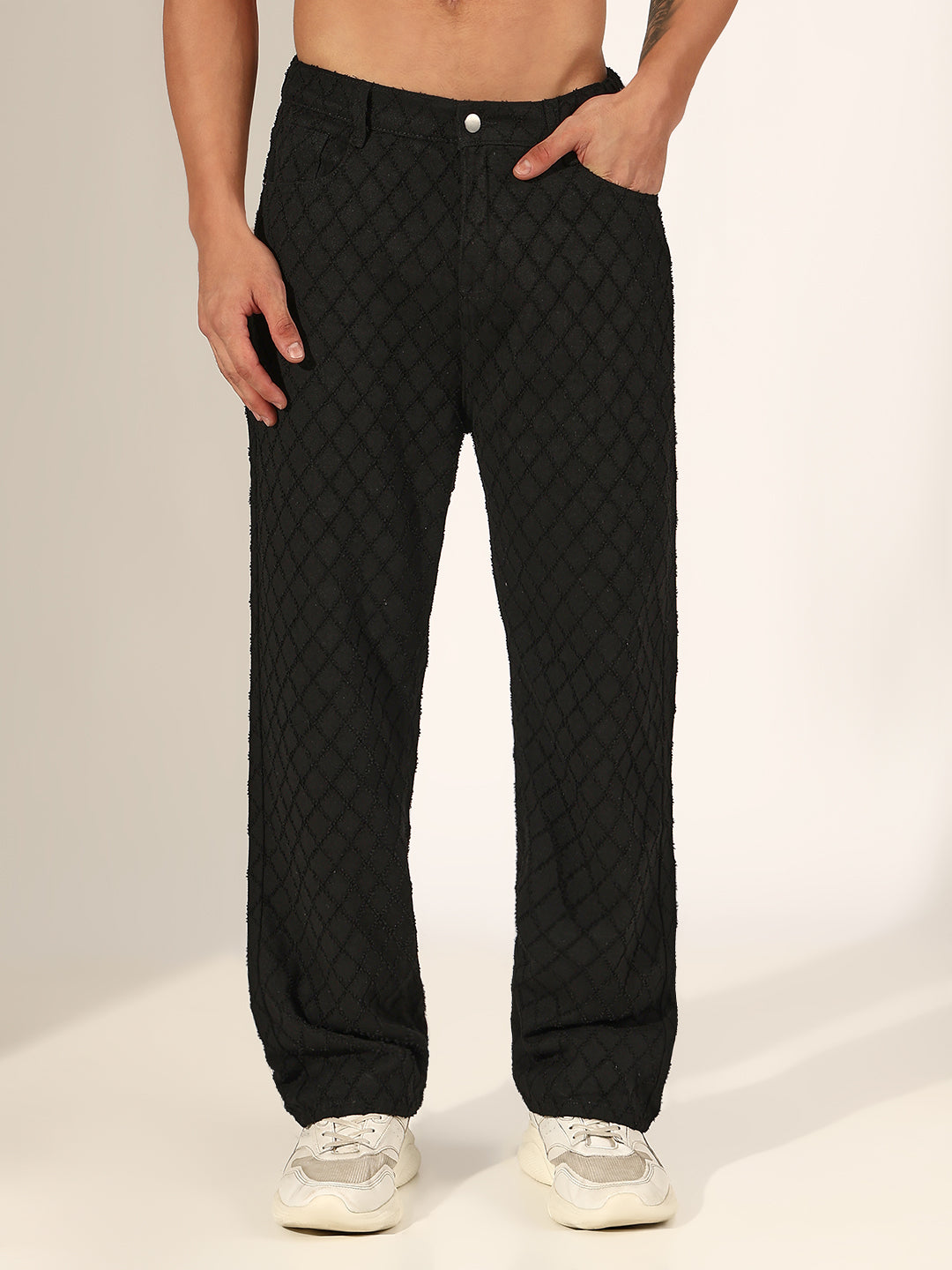 Men's Black Diamond-Pattern Textured Straight Fit Jeans