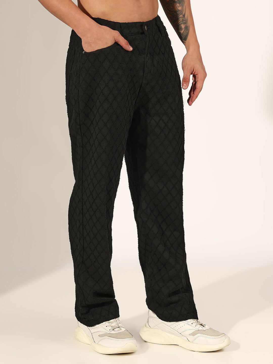 Men's Black Diamond-Pattern Textured Straight Fit Jeans
