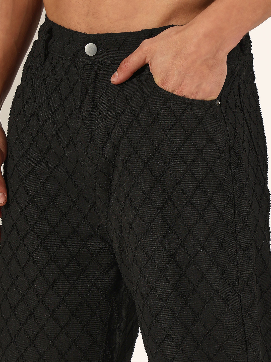 Men's Black Diamond-Pattern Textured Straight Fit Jeans