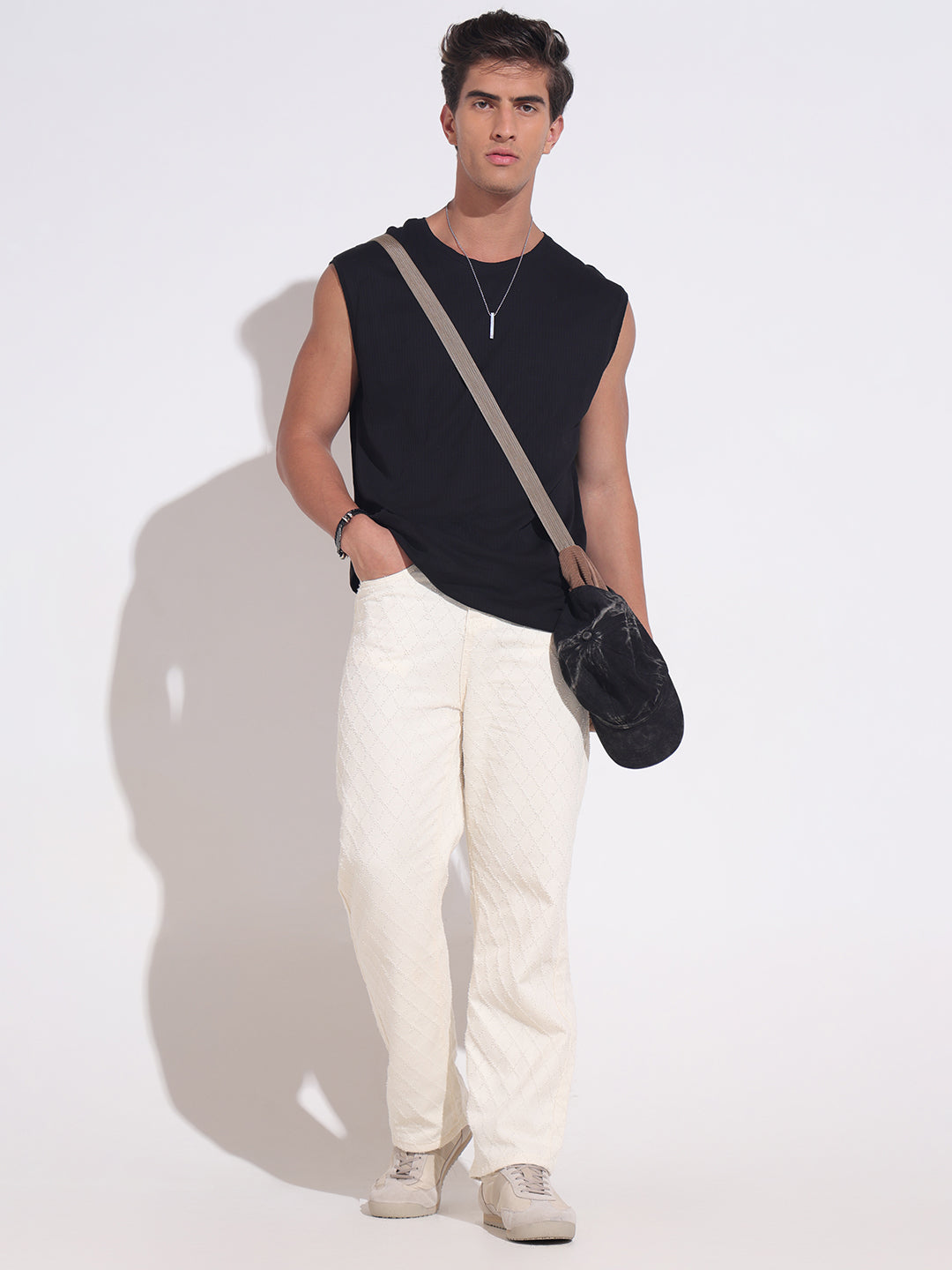 Men's Cream Diamond-Pattern Textured Straight Fit Jeans