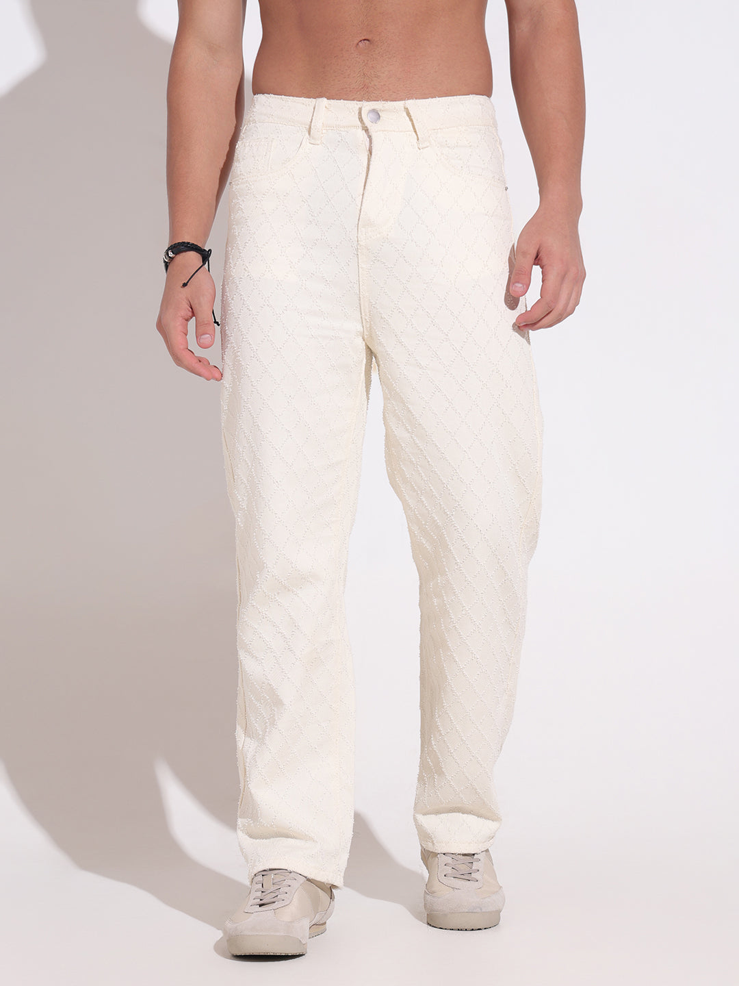Men's Cream Diamond-Pattern Textured Straight Fit Jeans