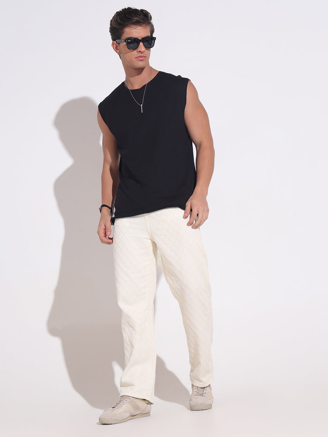 Men's Cream Diamond-Pattern Textured Straight Fit Jeans