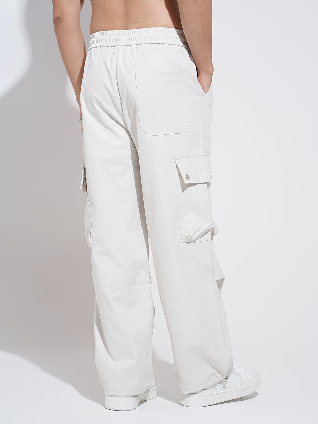 Men's Off White Relaxed Fit Cargo Trousers with Side Stylized Pleats