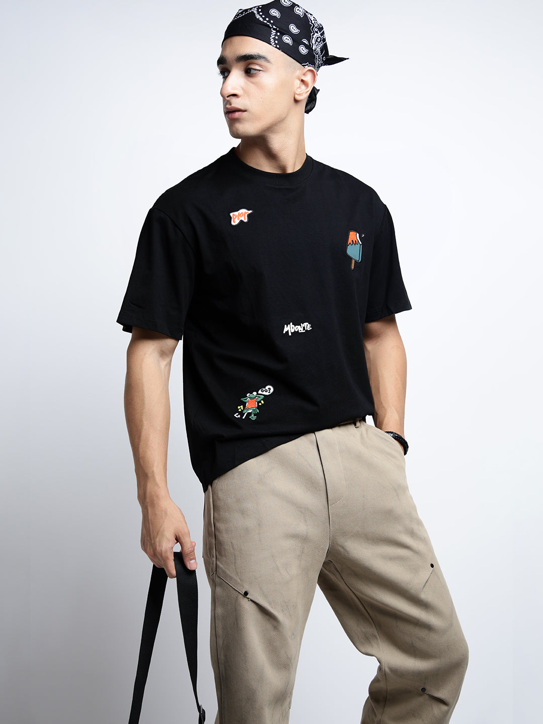 Men's Black Short Sleeves Round Neck Relaxed Fit T-Shirt with Embroidered Patchwork Design