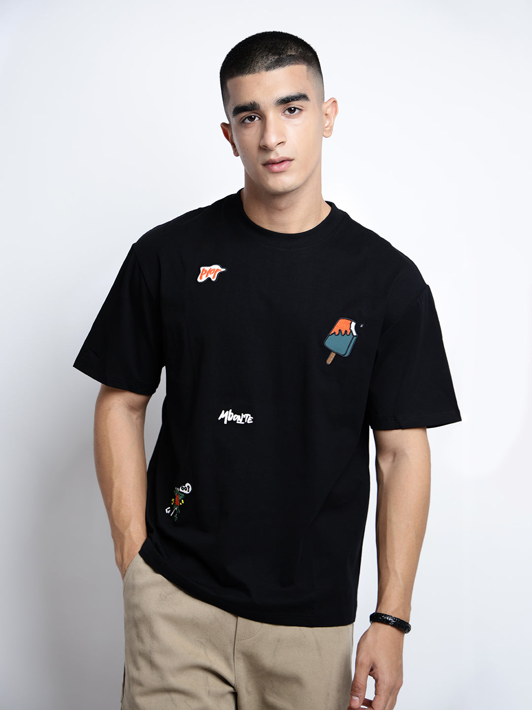 Men's Black Short Sleeves Round Neck Relaxed Fit T-Shirt with Embroidered Patchwork Design