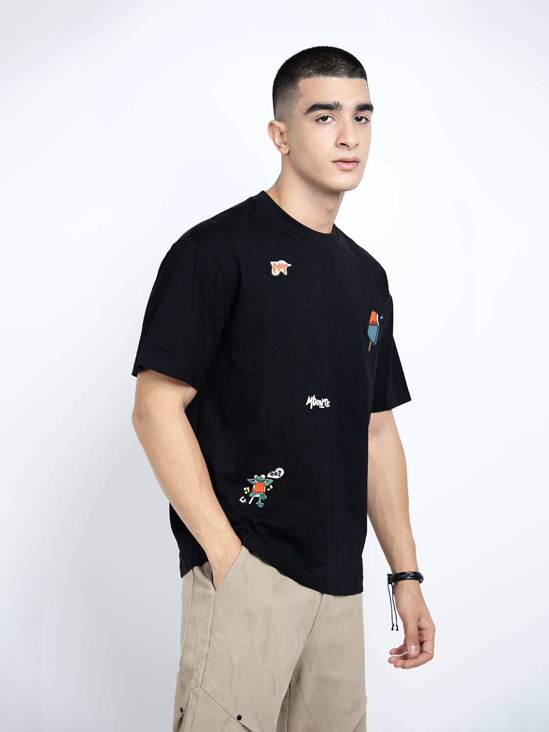 Men's Black Short Sleeves Round Neck Relaxed Fit T-Shirt with Embroidered Patchwork Design