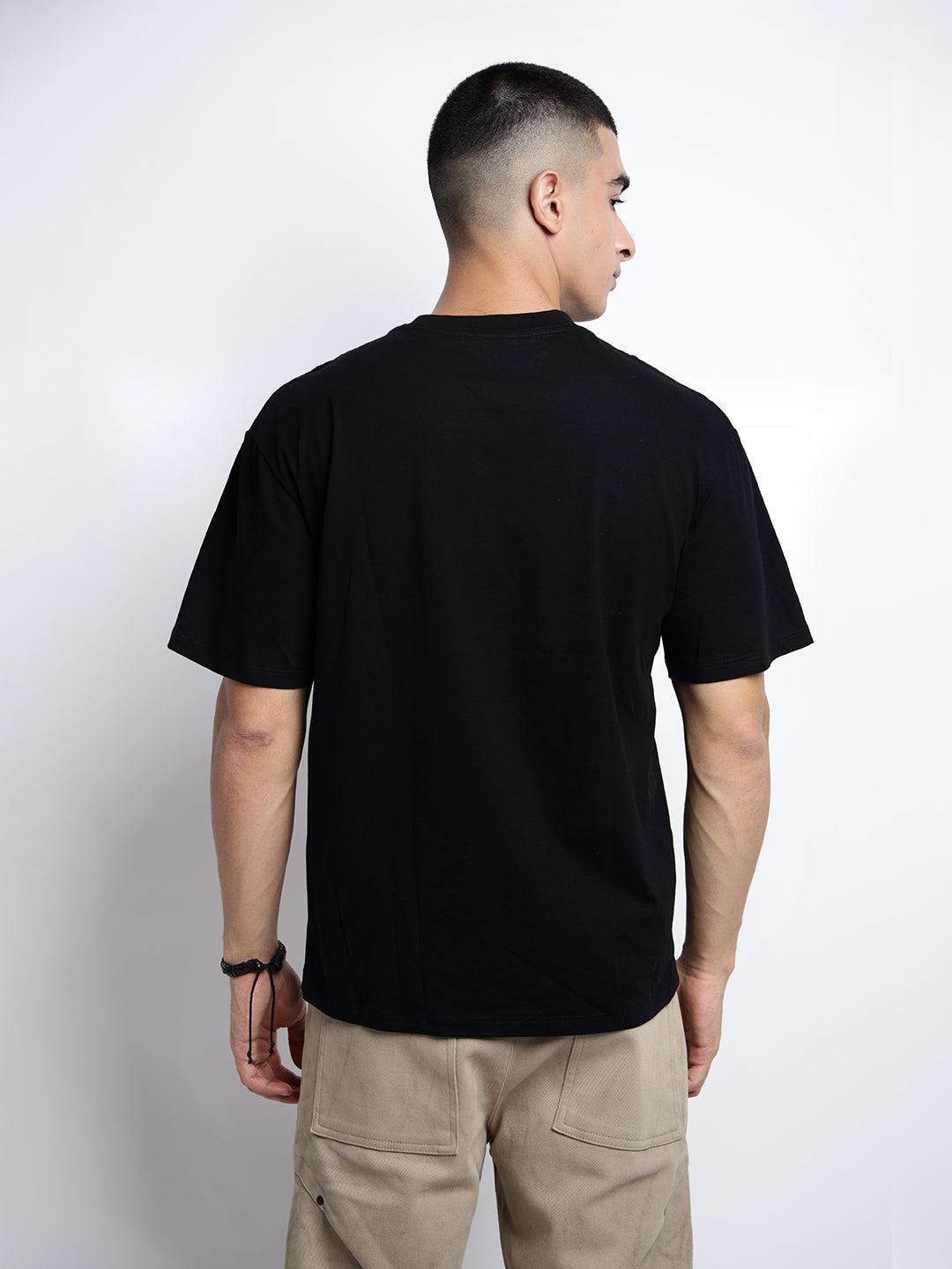 Men's Black Short Sleeves Round Neck Relaxed Fit T-Shirt with Embroidered Patchwork Design