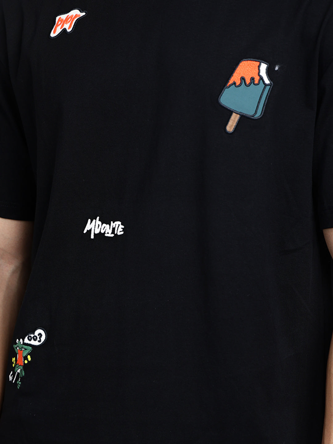 Men's Black Short Sleeves Round Neck Relaxed Fit T-Shirt with Embroidered Patchwork Design