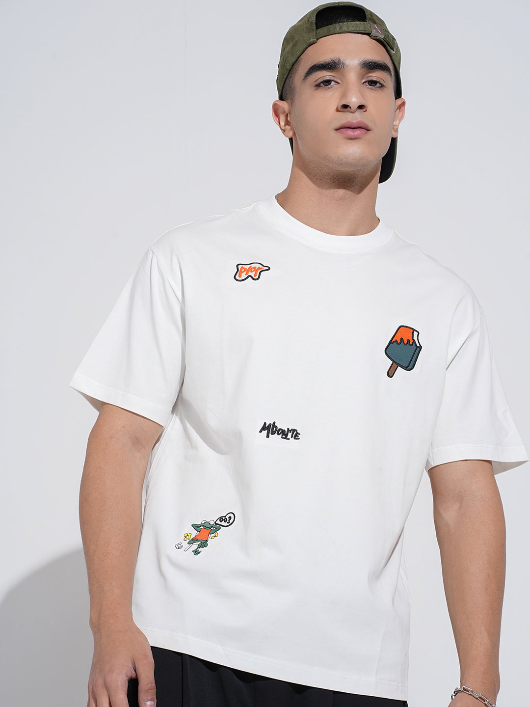 Men's White Short Sleeves Round Neck Relaxed Fit T-Shirt with Embroidered Patchwork Design