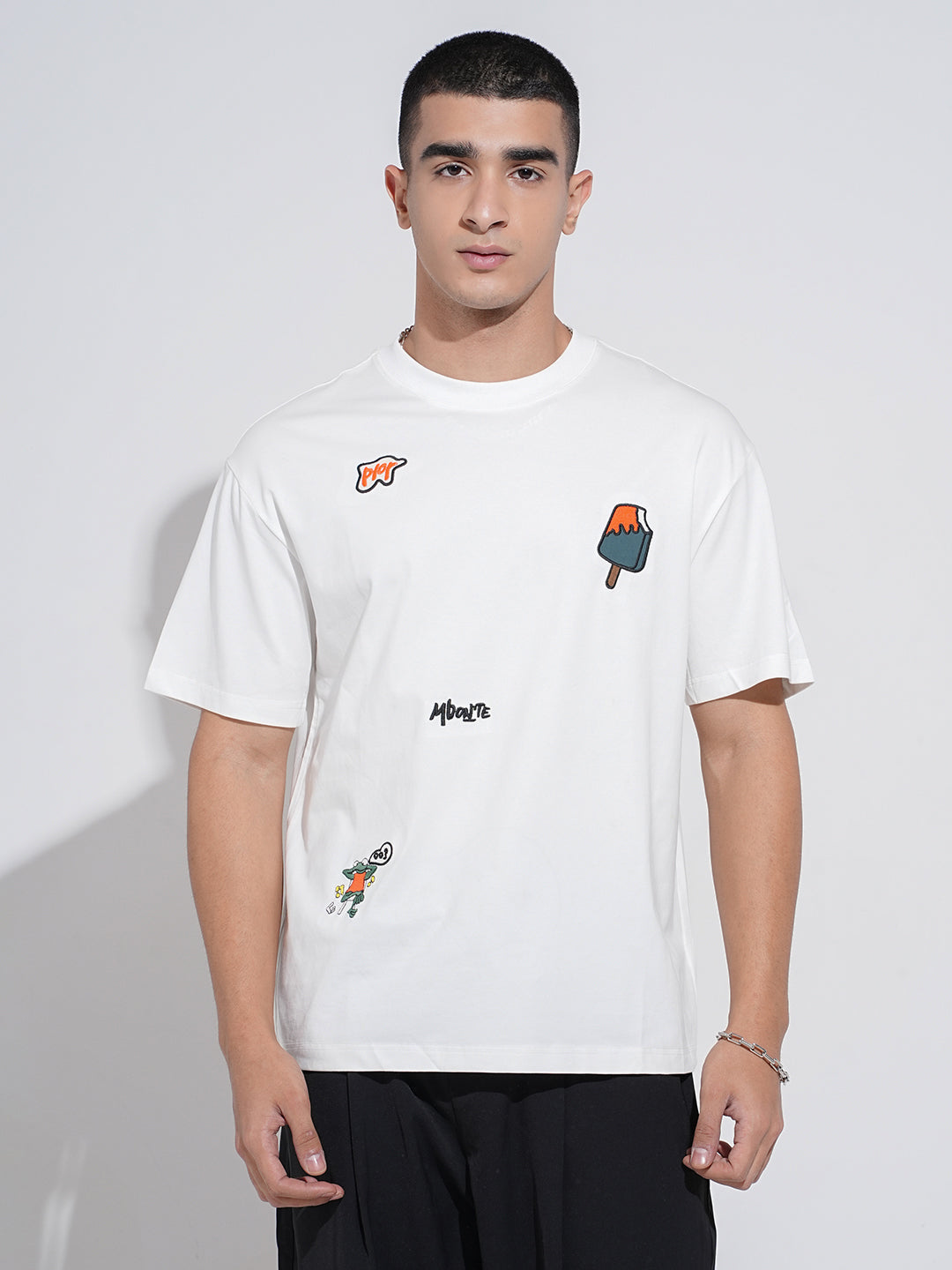 Men's White Short Sleeves Round Neck Relaxed Fit T-Shirt with Embroidered Patchwork Design