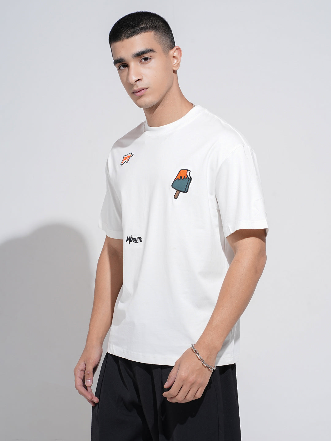 Men's White Short Sleeves Round Neck Relaxed Fit T-Shirt with Embroidered Patchwork Design