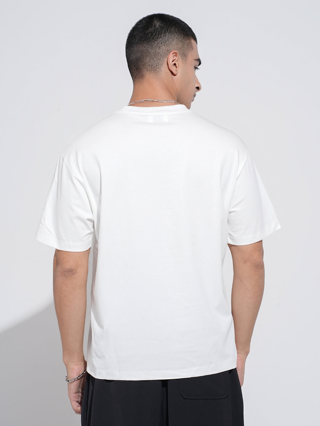 Men's White Short Sleeves Round Neck Relaxed Fit T-Shirt with Embroidered Patchwork Design