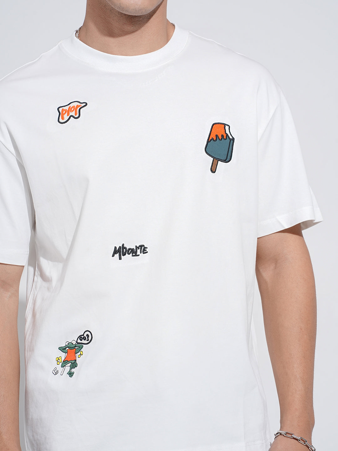 Men's White Short Sleeves Round Neck Relaxed Fit T-Shirt with Embroidered Patchwork Design