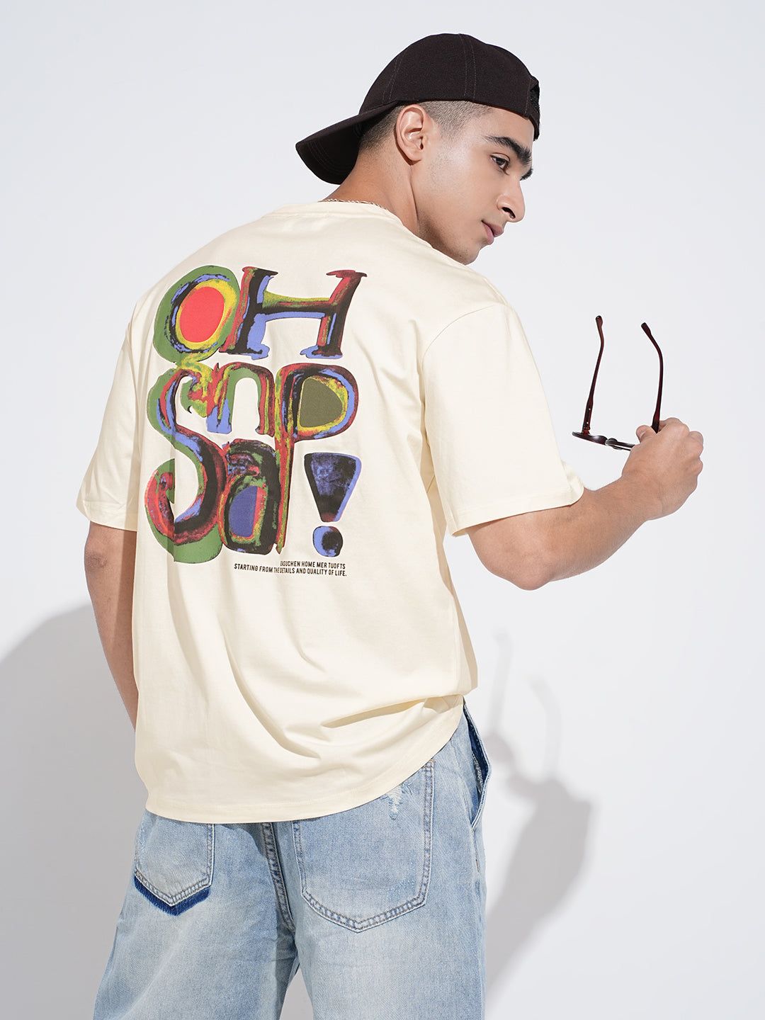 Men's Typography Cream Short Sleeves Round Neck Relaxed Fit T-Shirt