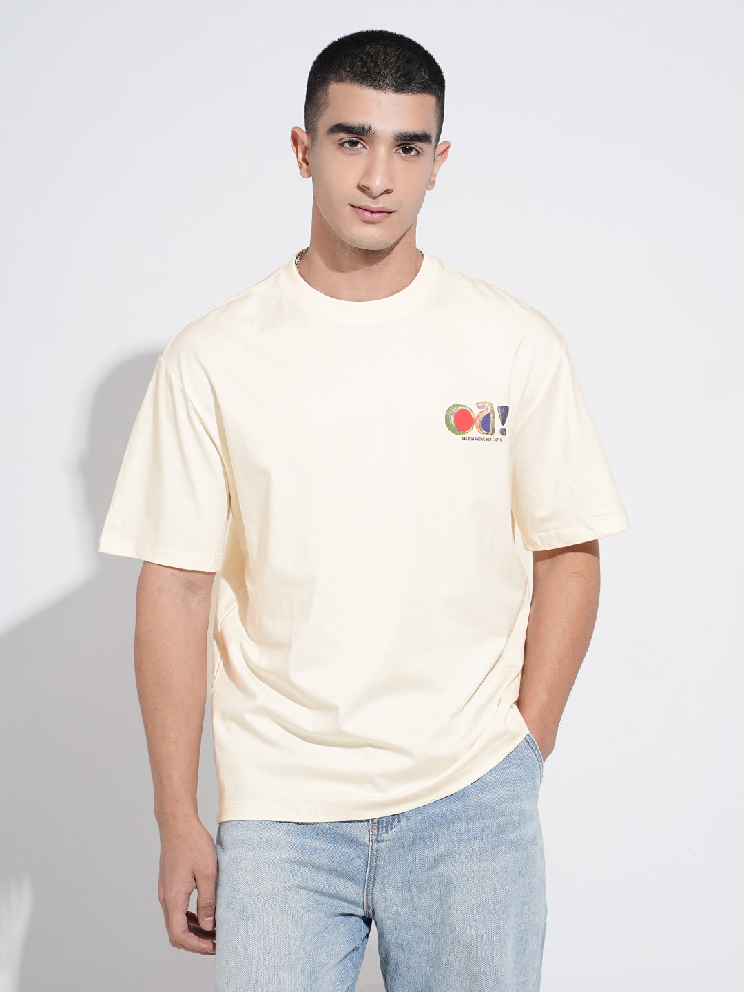 Men's Typography Cream Short Sleeves Round Neck Relaxed Fit T-Shirt