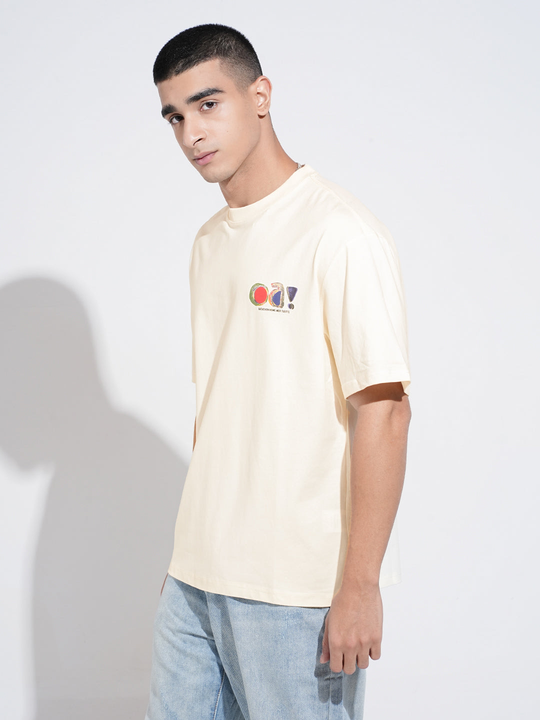 Men's Typography Cream Short Sleeves Round Neck Relaxed Fit T-Shirt