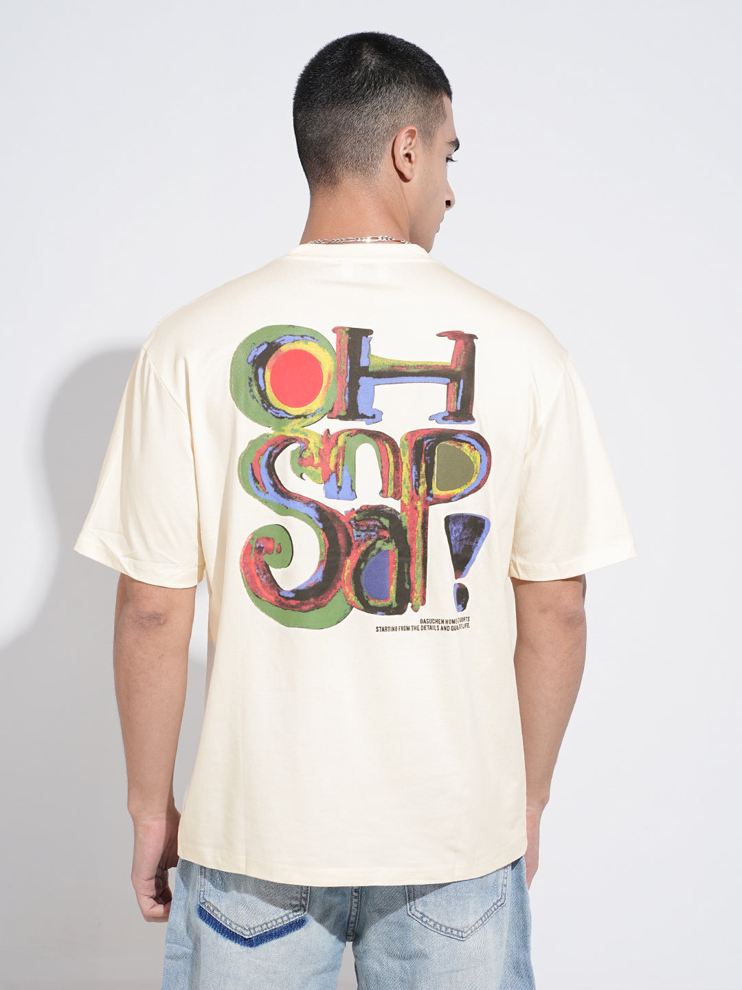 Men's Typography Cream Short Sleeves Round Neck Relaxed Fit T-Shirt