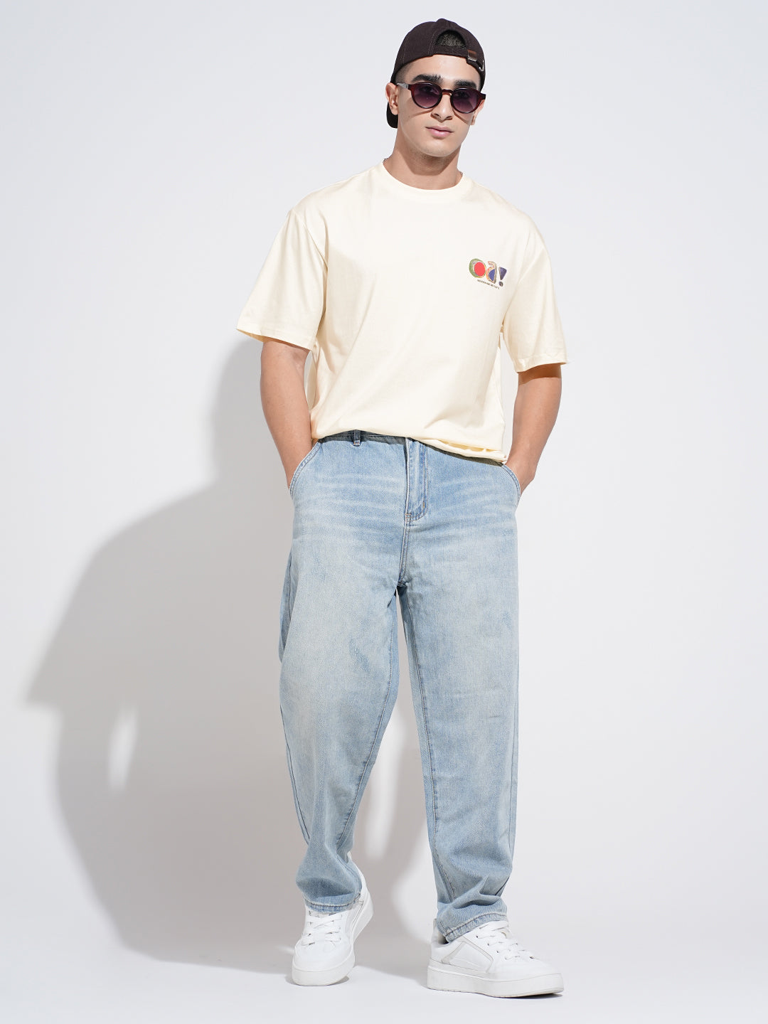 Men's Typography Cream Short Sleeves Round Neck Relaxed Fit T-Shirt