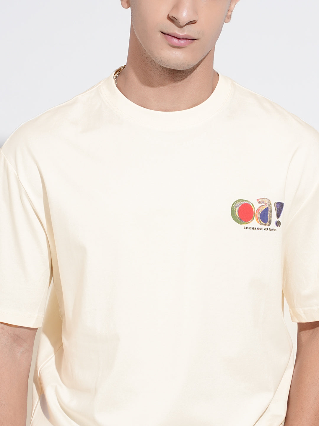 Men's Typography Cream Short Sleeves Round Neck Relaxed Fit T-Shirt