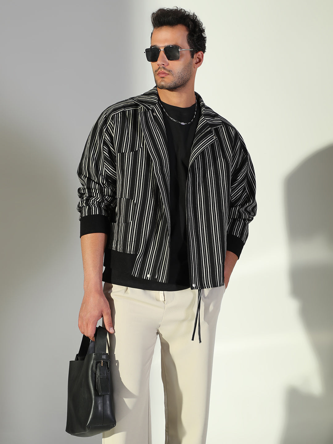 Men Striped Black Oversized Tailored Jacket