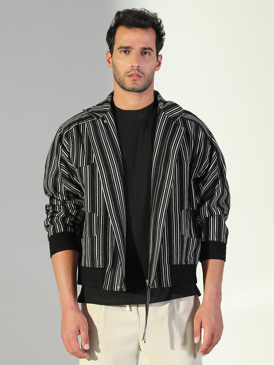 Men Striped Black Oversized Tailored Jacket