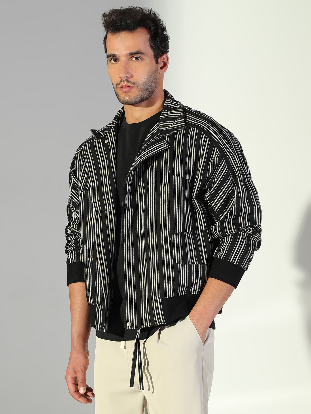 Men Striped Black Oversized Tailored Jacket