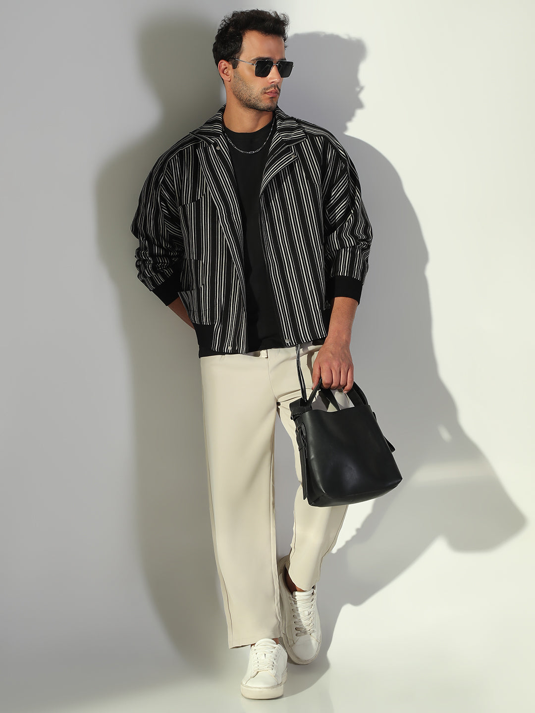 Men Striped Black Oversized Tailored Jacket