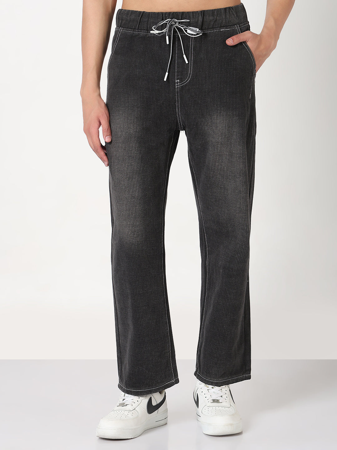 Men's Grey Washed Straight Fit Drawstring Jeans