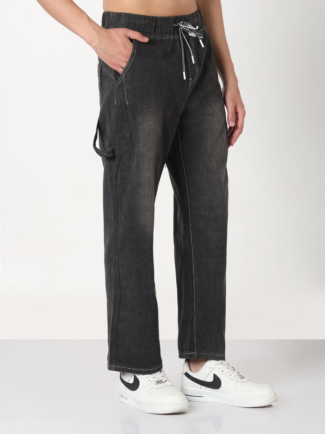 Men's Grey Washed Straight Fit Drawstring Jeans