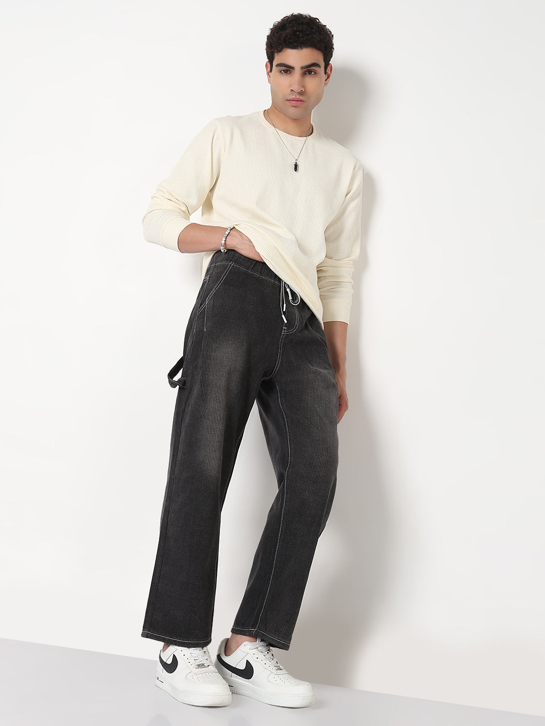 Men's Grey Washed Straight Fit Drawstring Jeans