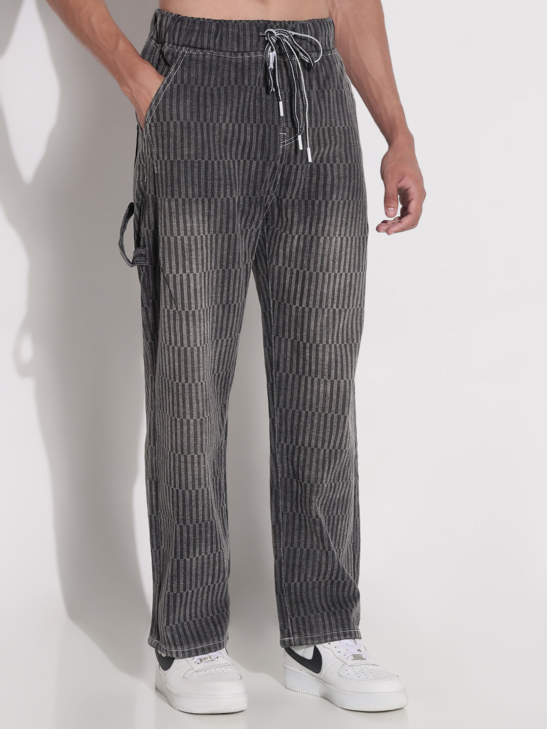 Men's Grey Striped Relaxed Fit Denim Jeans
