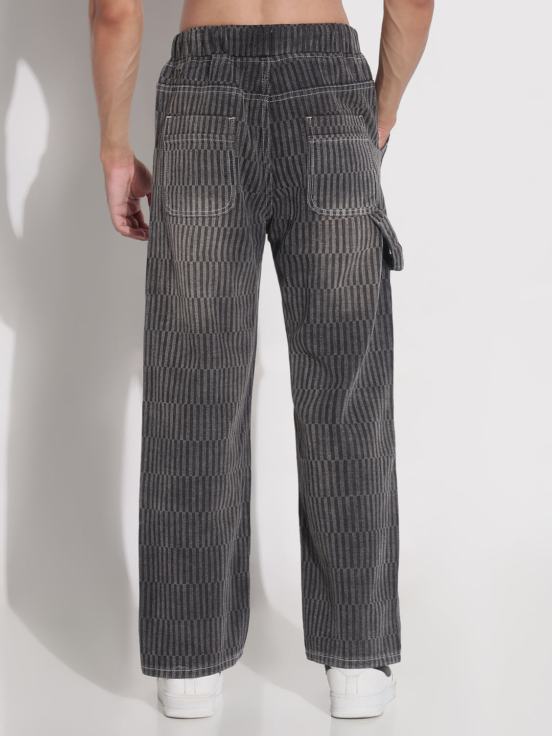 Men's Grey Striped Relaxed Fit Denim Jeans