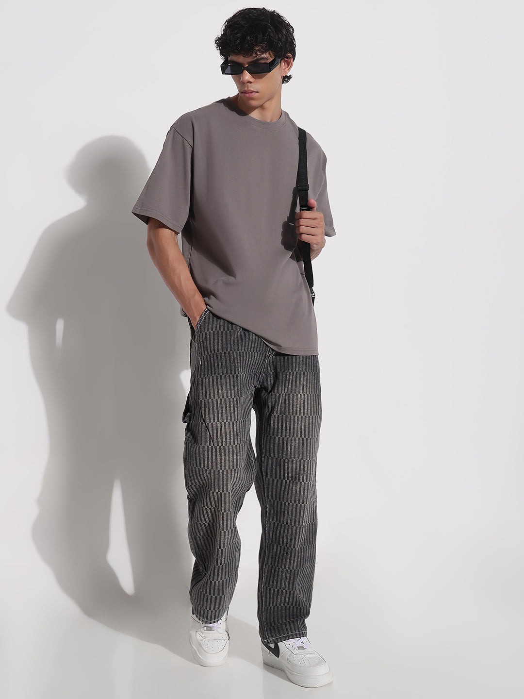 Men's Grey Striped Relaxed Fit Denim Jeans