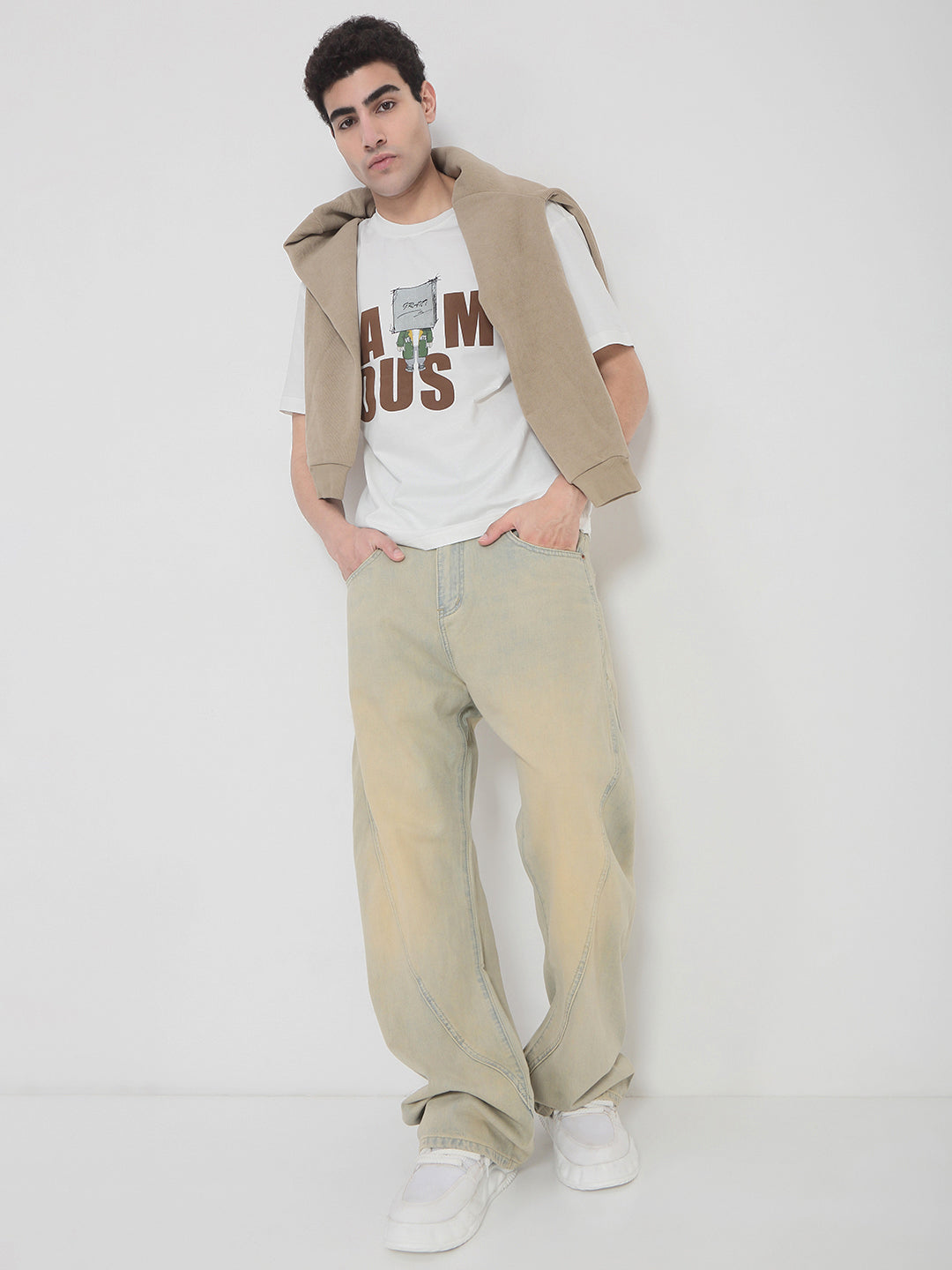 Men's Beige Baggy Fit Jeans